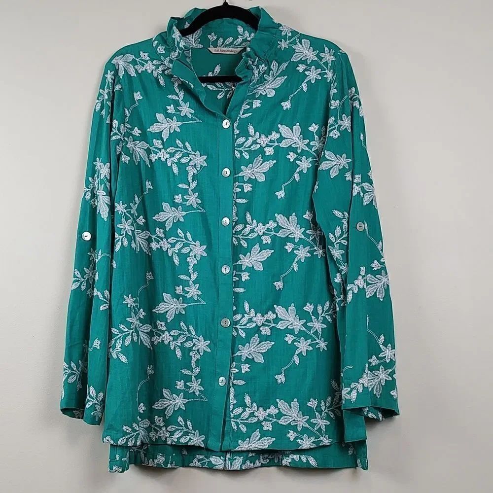 Soft Surroundings Embroidered Isla Verde Linen Blend Button Front Tunic Top NWOT